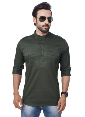 Solid Olive Green Short Kurta For Men