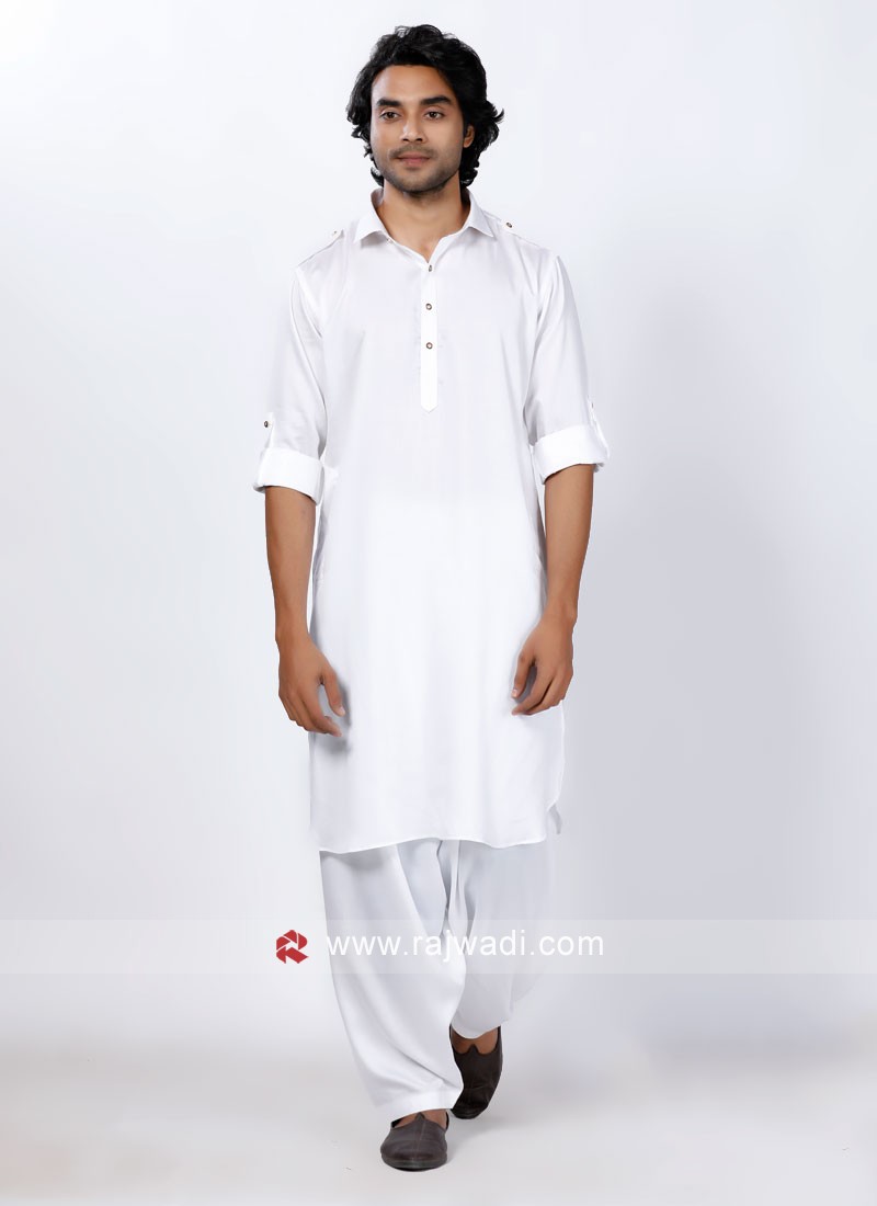 Solid White Color Pathani Suit