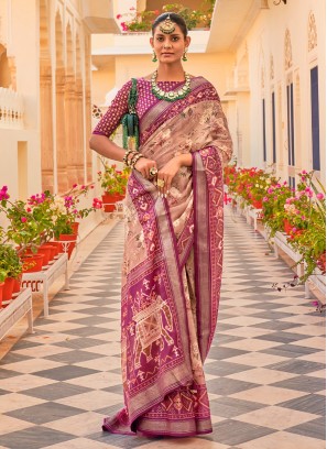 Purple Floral Printed Chiffon Silk Saree