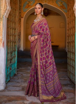 Magenta Ajrakh Printed Designer Saree