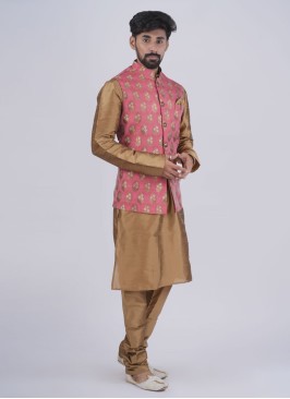Sophisticated Pink And Golden Silk Nehru Jacket Set