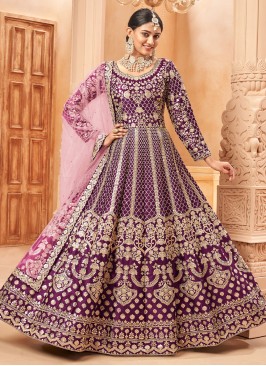 Purple Embroidery Art Silk Wedding Wear Anarkali Suit