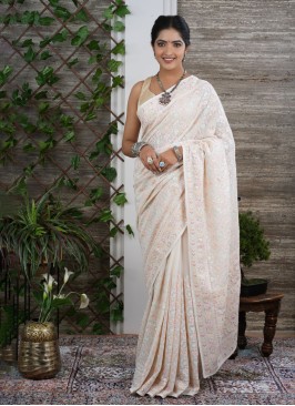 Sparkling Cream Chiffon Designer Saree