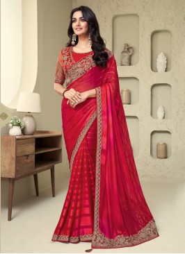 Spectacular Red Embroidered Silk Saree