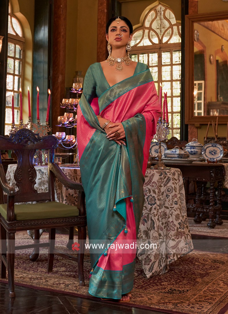 Rama Green Color Two Tone Organza Saree