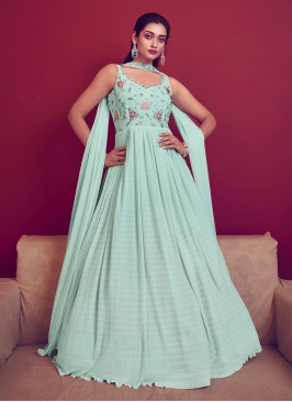 Designer Embroidered Mint Green Georgette Gown