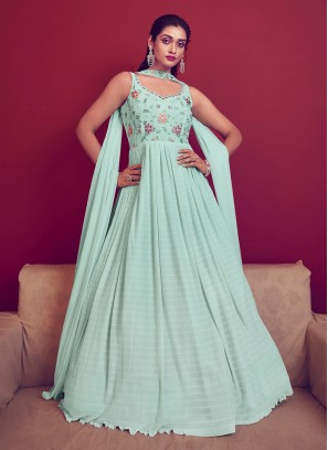 Designer Embroidered Mint Green Georgette Gown