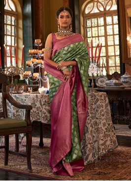 Wedding Wear Green And Pink Silk Saree