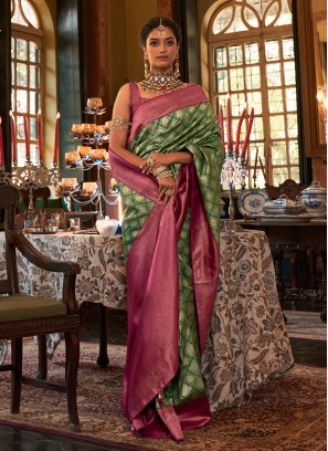 Wedding Wear Green And Pink Silk Saree