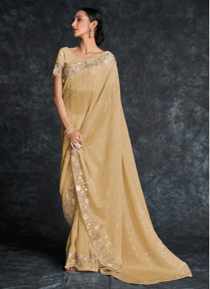 Beige Sequins Floral Embroidered Georgette Saree