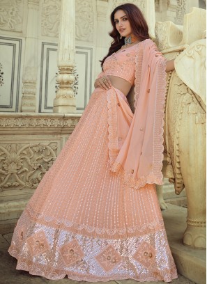 Staggering Thread Peach Faux Georgette Lehenga Choli