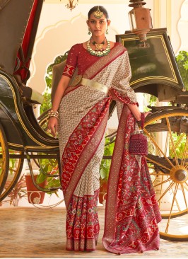Red And Cream Festive Wear Silk Saree