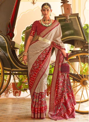 Red And Cream Festive Wear Silk Saree