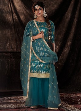 Steel Blue Embroidered Soft Net Dress Material