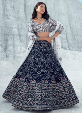 Striking Navy Blue And White Sequins Embroidered Lehenga Choli