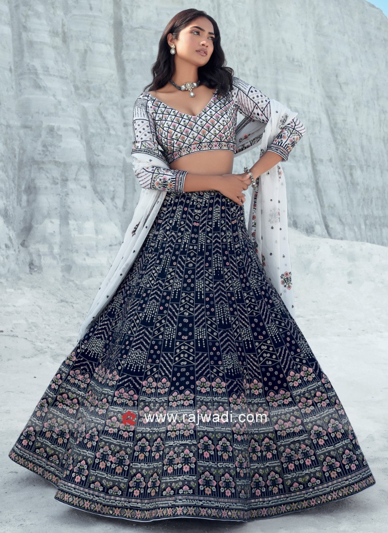 Navy Blue And Off White Color Traditional Lehenga Choli
