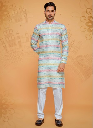 Strips Print Cotton Silk Kurta Pajama