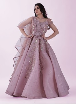 Stunning Onion Pink Applique Work Gown