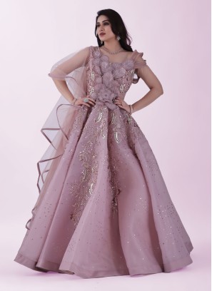 Stunning Onion Pink Applique Work Gown