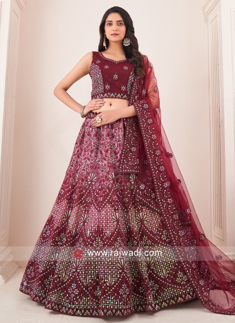 Stunning Burgundy Soft Net Sequins Lehenga Choli