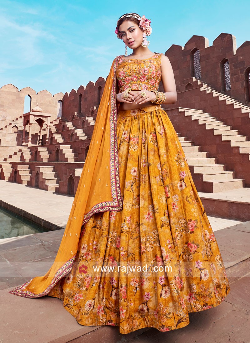 Stunning Floral Printed Yellow Wedding A Line Lehenga Choli