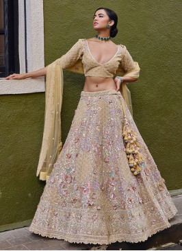 Stunning Lemon Yellow Floral Patch Work Lehenga Choli