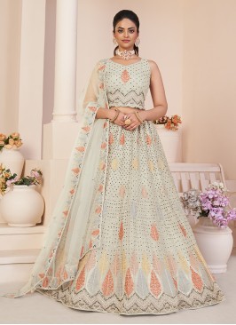 Stunning Off White Embroidered Soft Net Lehenga Choli