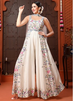 Stunning Off White Floral Embroidered Silk Jumpsuit
