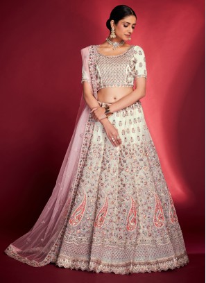 Stunning White Embroidered Soft Silk Lehenga Choli