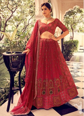 Buy Alluring Rani Pink Mirror Work Rajwadi Silk Bridesmaid Lehenga