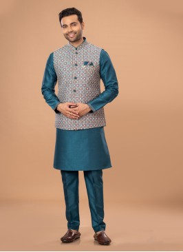 Stylish Art Silk Rama Green Nehru Jacket Set