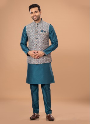 Stylish Art Silk Rama Green Nehru Jacket Set