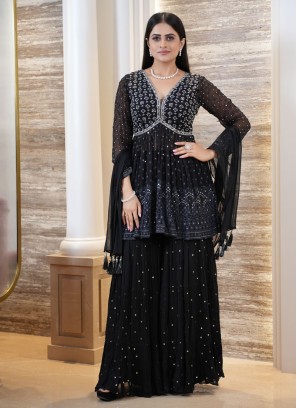 Stylish Black Georgette Sequins Embellished Palazzo Suit