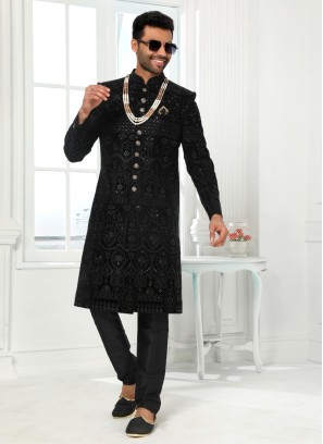 Stylish Black Embroidered Indowestern For Men