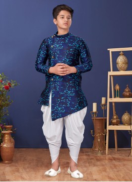 Stylish Blue And White Dhoti Style Indowestern Set