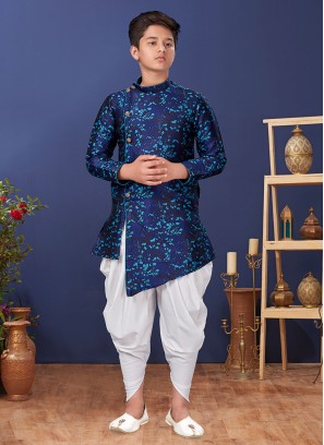 Stylish Blue And White Dhoti Style Indowestern Set