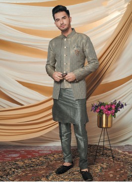 Stylish Brocade Silk Grey Indowestern