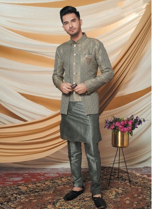 Stylish Brocade Silk Grey Indowestern