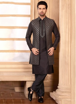 Stylish Grey Embroidered Nehru Jacket Set