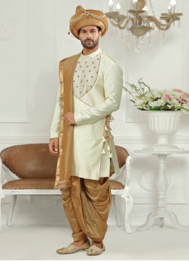 Stylish Cream And Golden Peshawari Style Indowestern