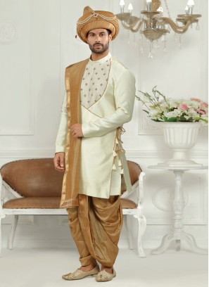 Stylish Cream And Golden Peshawari Style Indowestern