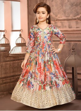 Stylish Cream Floral Printed Silk Gown For Girls