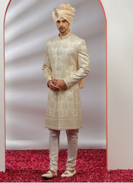 Stylish Cream Wedding Wear Sherwani For Men