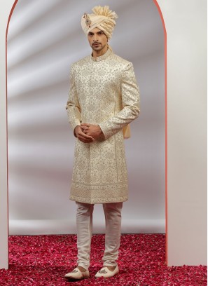 Stylish Cream Wedding Wear Sherwani For Men