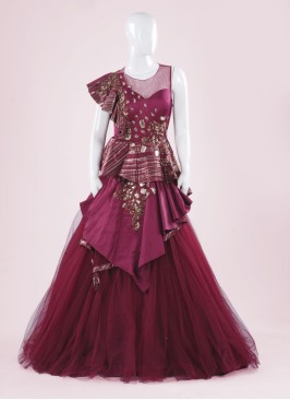 Stylish Flared Maroon Silk Wedding Gown