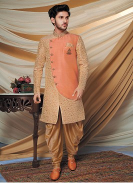 Stylish Golden And Orange Color Indowestern