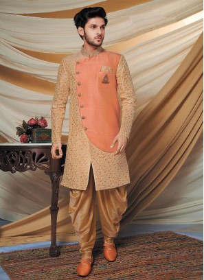 Stylish Golden And Orange Color Indowestern