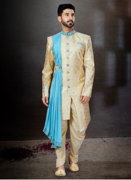 Stylish Golden Cream Wedding Wear Sherwani For Men