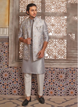 Stylish Grey Embroidered Nehru Jacket Set