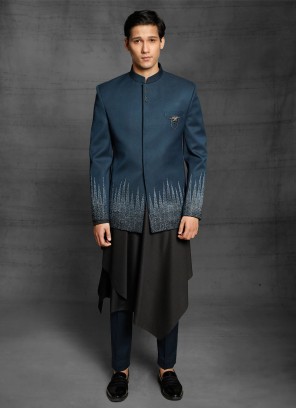 Stylish Imported Jodhpuri Suit In Peacock Blue